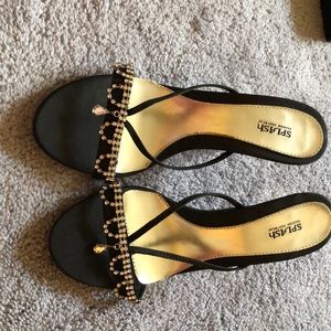 Black high heel sandals with rhinestone.